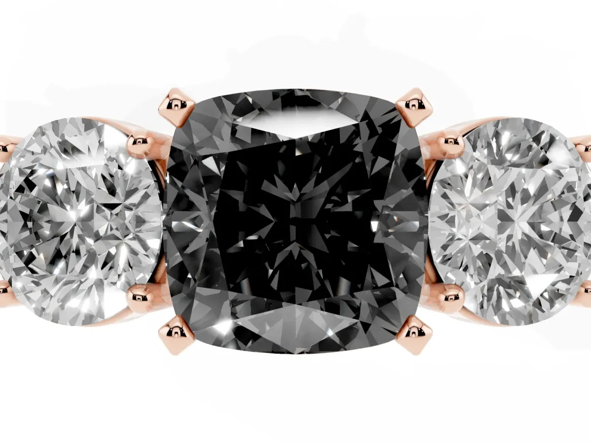 Fancy Black Three-Stone Cushion Cut Diamond Ring with Round Side Stones, Classic Band, and Four-Prong Setting Rose gold