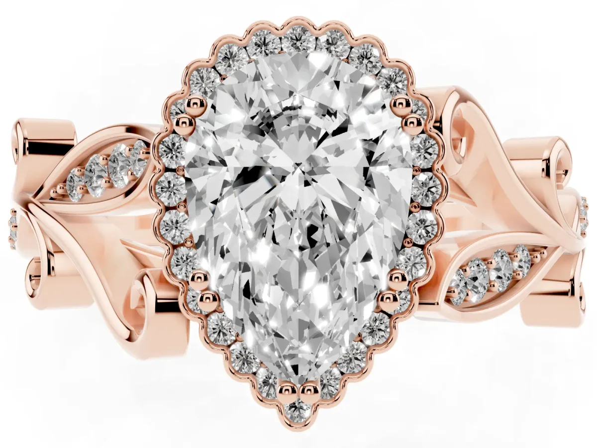 Pear Cut Diamond Halo Ring with Vintage Split Shank and Four-Prong Setting Rose gold