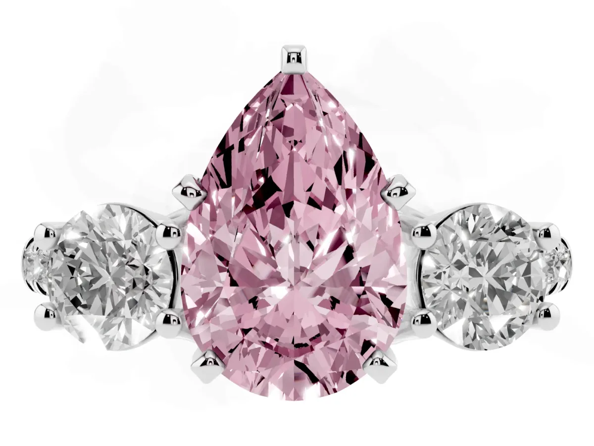 Fancy Pink Three-Stone Pear Cut Diamond Pavé Band with Four-Prong Setting Platinum