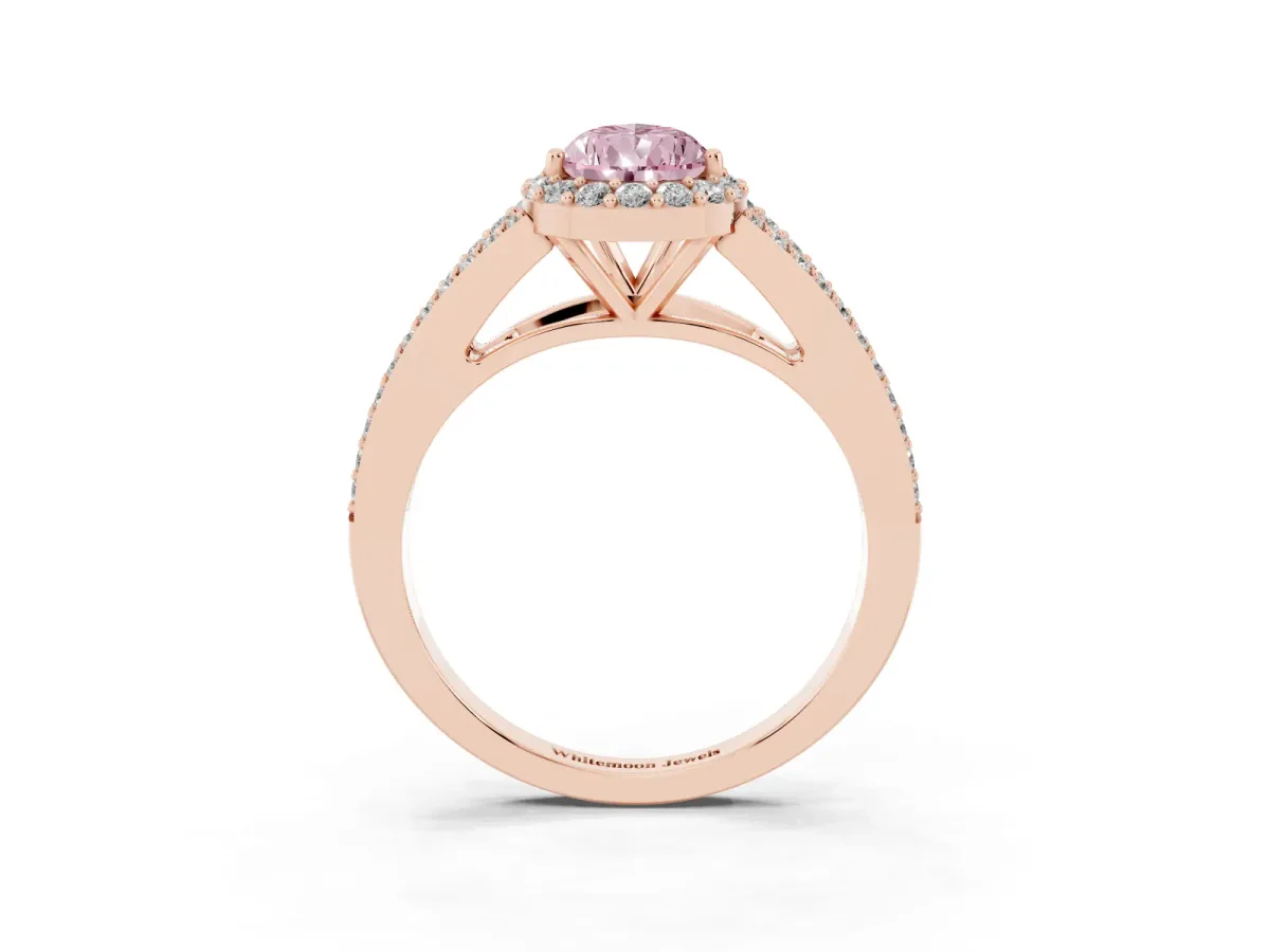 Fancy Pink Pear Cut Halo Split Shank Pave Diamond Ring with Four-Prong Setting Rose gold