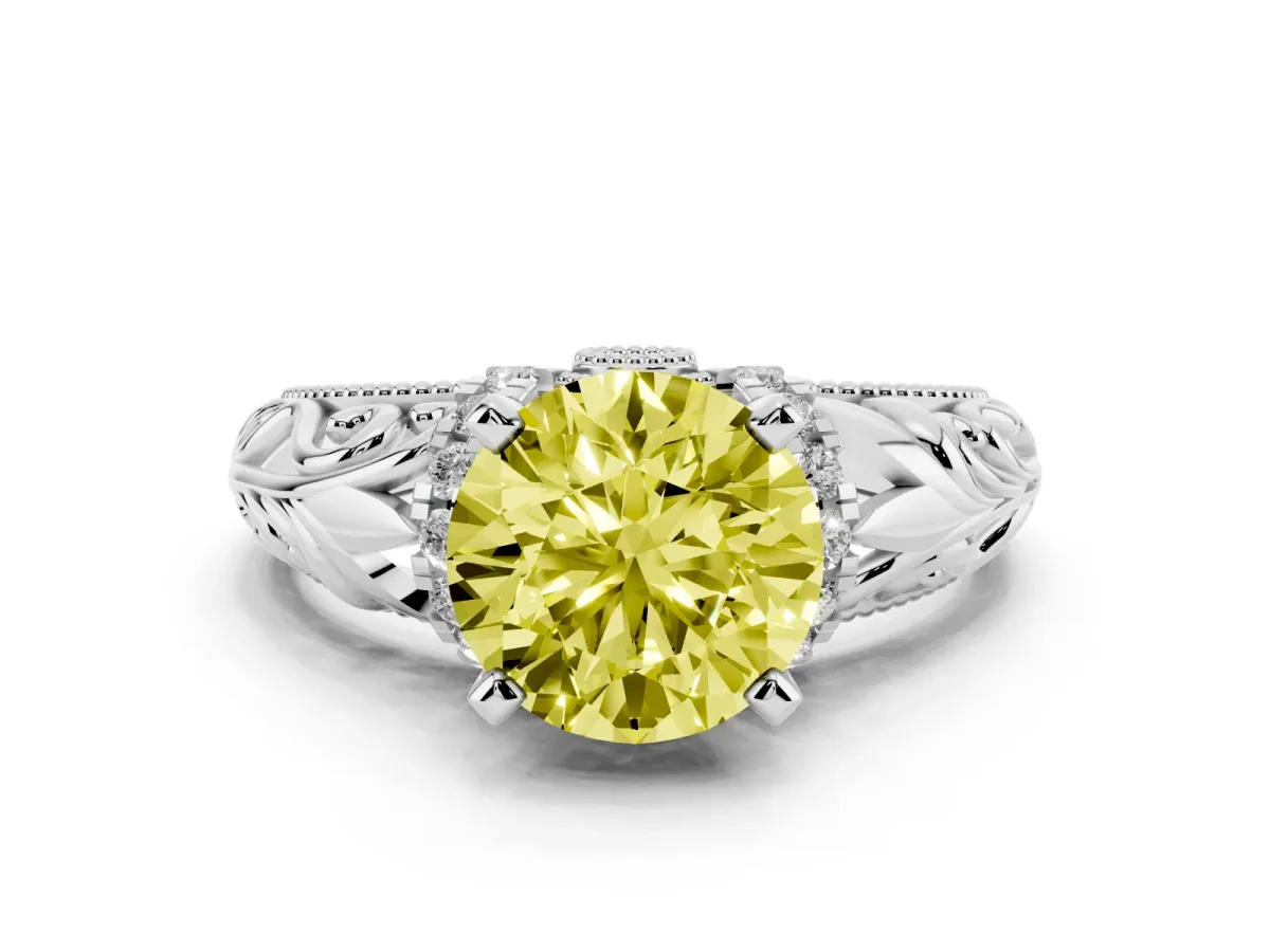 Fancy Yellow Round Cut Solitaire Filigree Engagement Ring with Halo and Prong Setting White gold