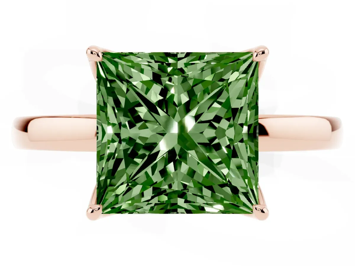 Fancy Green Princess Cut Diamond Solitaire Ring with Thin Band and Prong Setting Rose gold