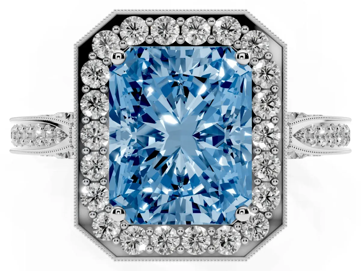 Fancy Blue Radiant Cut Halo Diamond Engagement Ring with Split Shank Band and Four-Prong Setting Silver