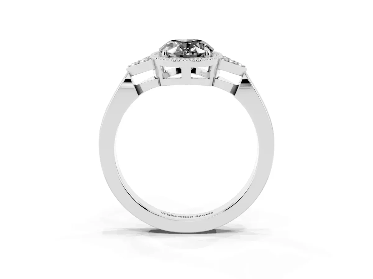 Fancy Black Hexagonal Halo Oval Cut Diamond Solitaire with Pavé Band and Four-Prong Setting Silver
