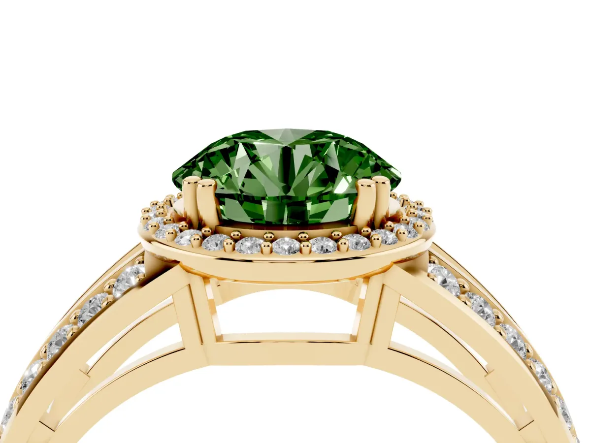 Fancy Green Round Cut Diamond Halo Ring with Split Shank Pavé Band and Four-Prong Setting Yellow gold