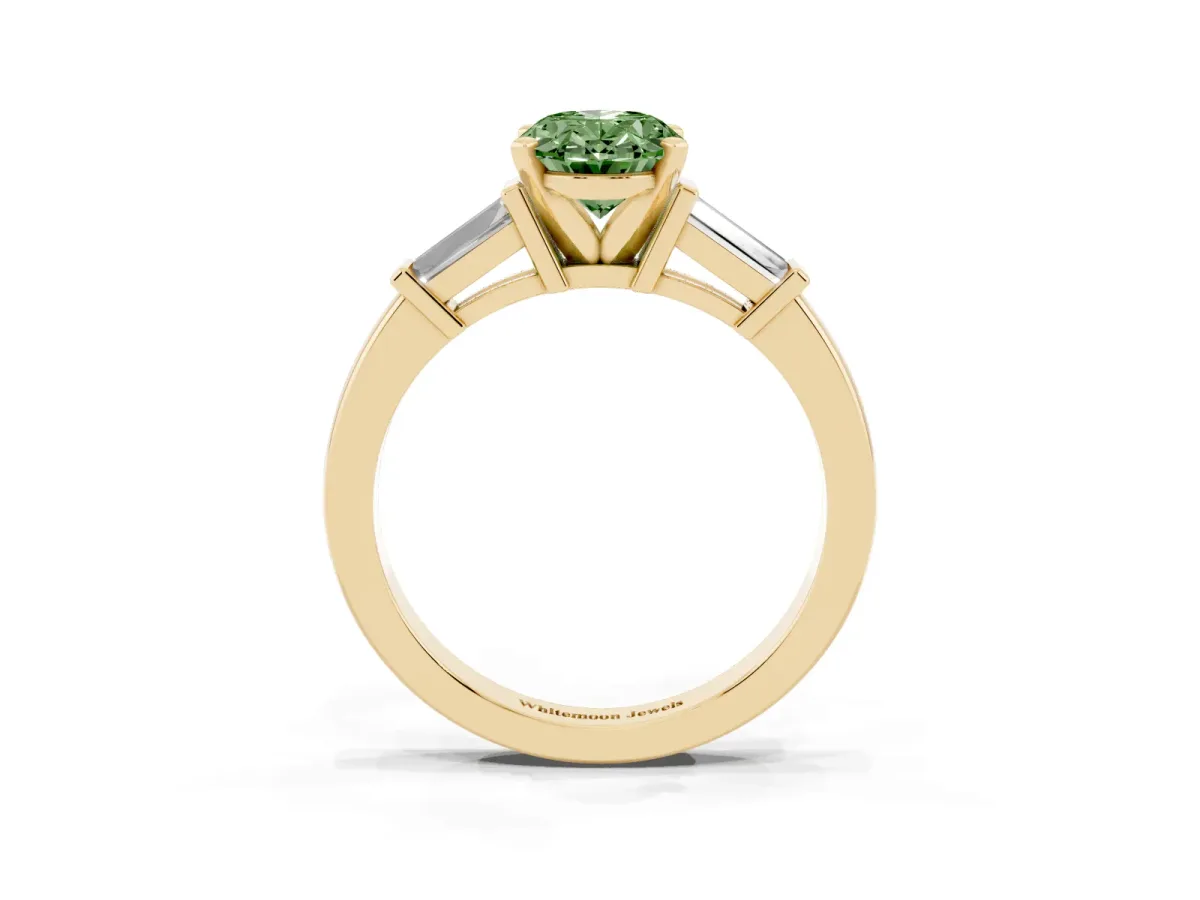 Fancy Green Oval Cut Cut Diamond Solitaire Ring with Tapered Baguette Accents and Four-Prong Setting Yellow gold