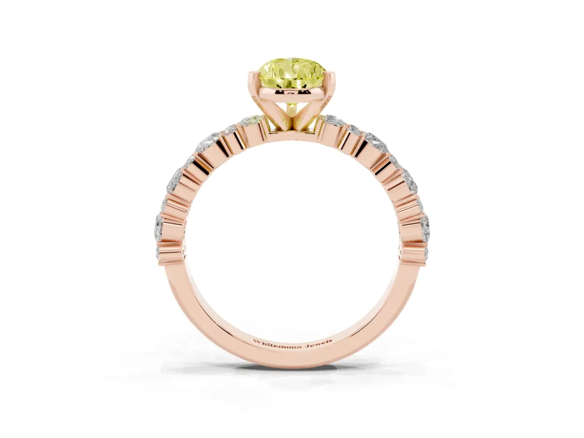 Fancy Yellow Pear Cut Diamond Side Stone Solitaire Ring with Round and Four-Prong Setting Rose gold