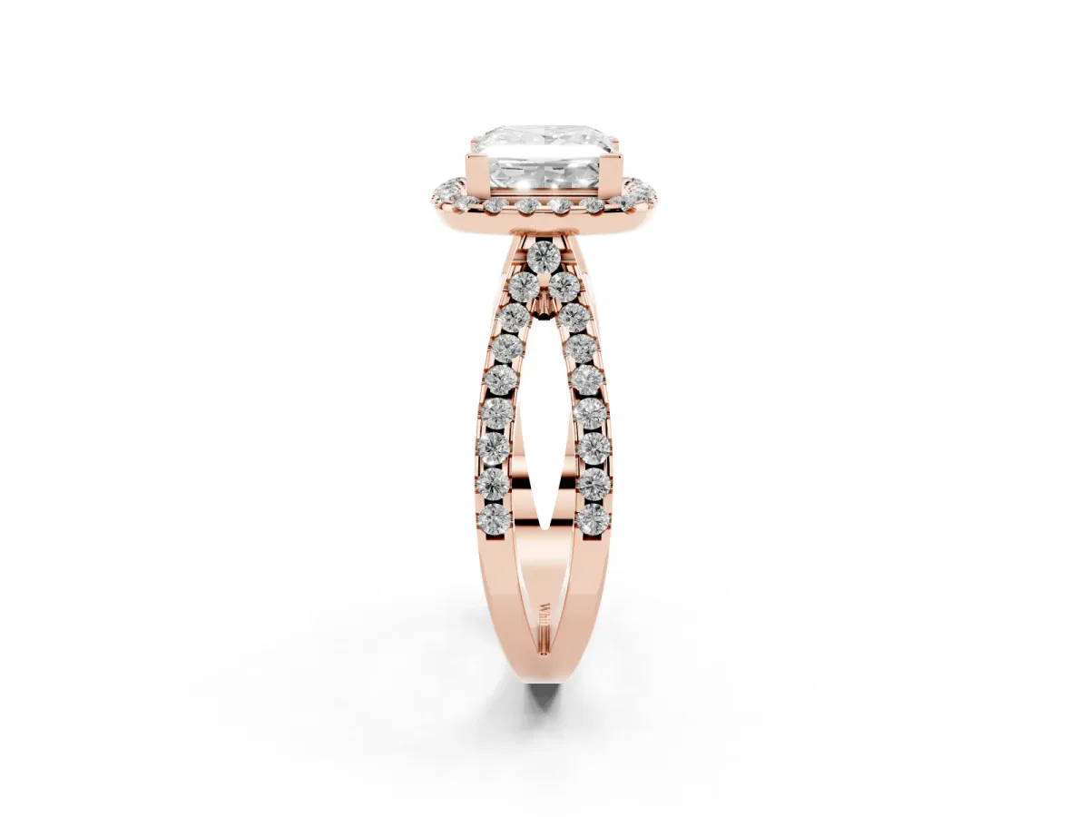 Princess Cut Diamond Halo Ring with Split Shank Pavé Band and Prong Setting Rose gold