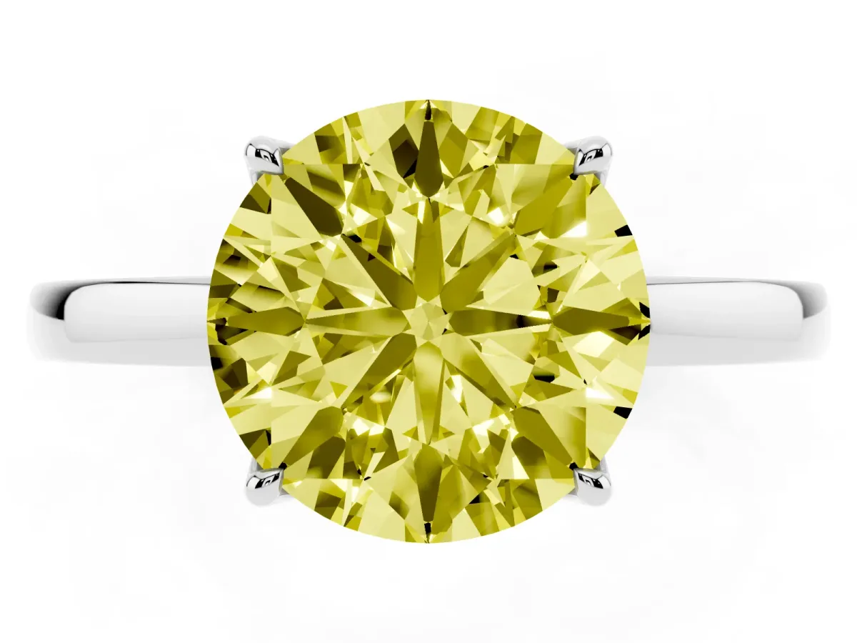 Fancy Yellow Round Cut Diamond Solitaire Ring with Thin Band and Prong Setting Silver