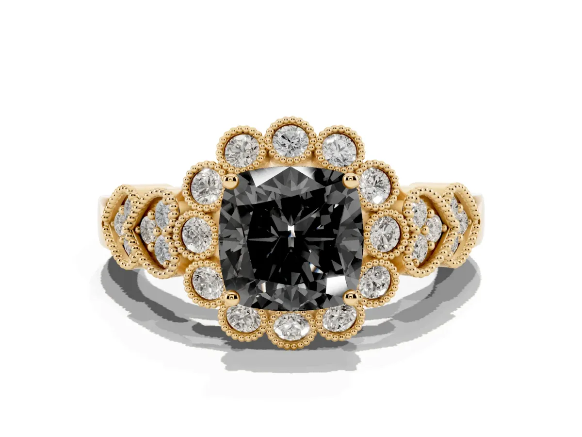 Fancy Black Cushion Cut Brilliant Milgrain Pave Heart Band Solitaire Ring Yellow gold