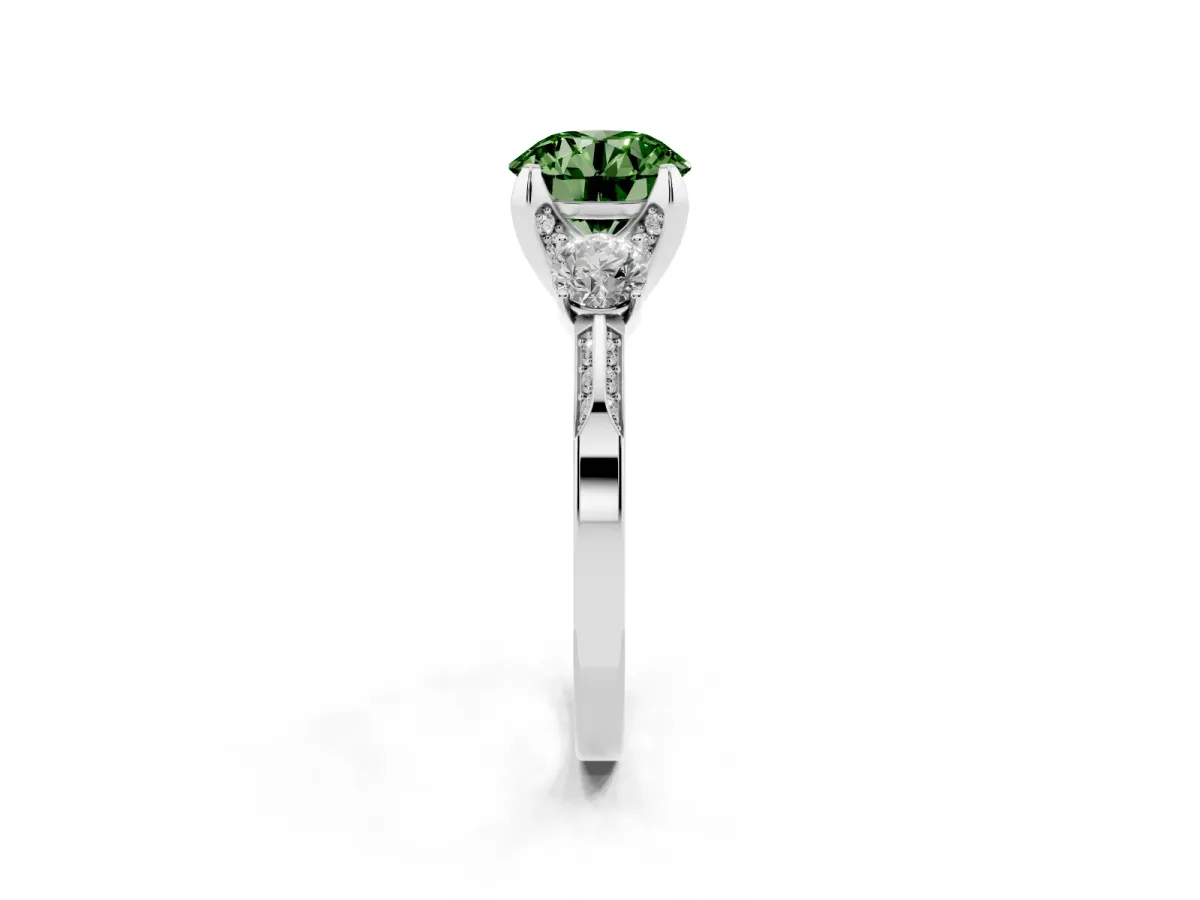 Fancy Green Round Cut Brilliant Three-Stone Diamond Ring with Pavé Band and Four-Prong Setting White gold