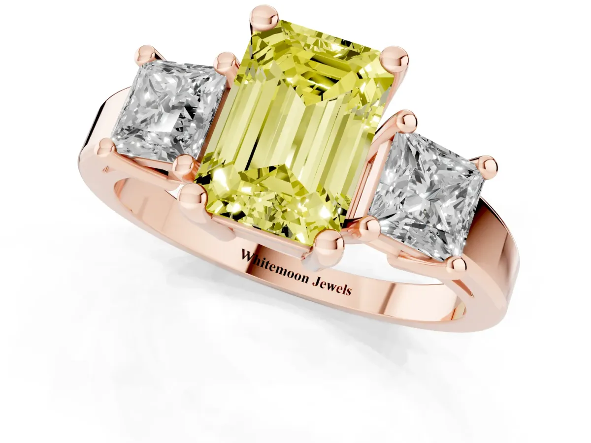 Fancy Yellow Three-Stone Emerald Cut Cut Solitaire Ring with Prong Setting Rose gold