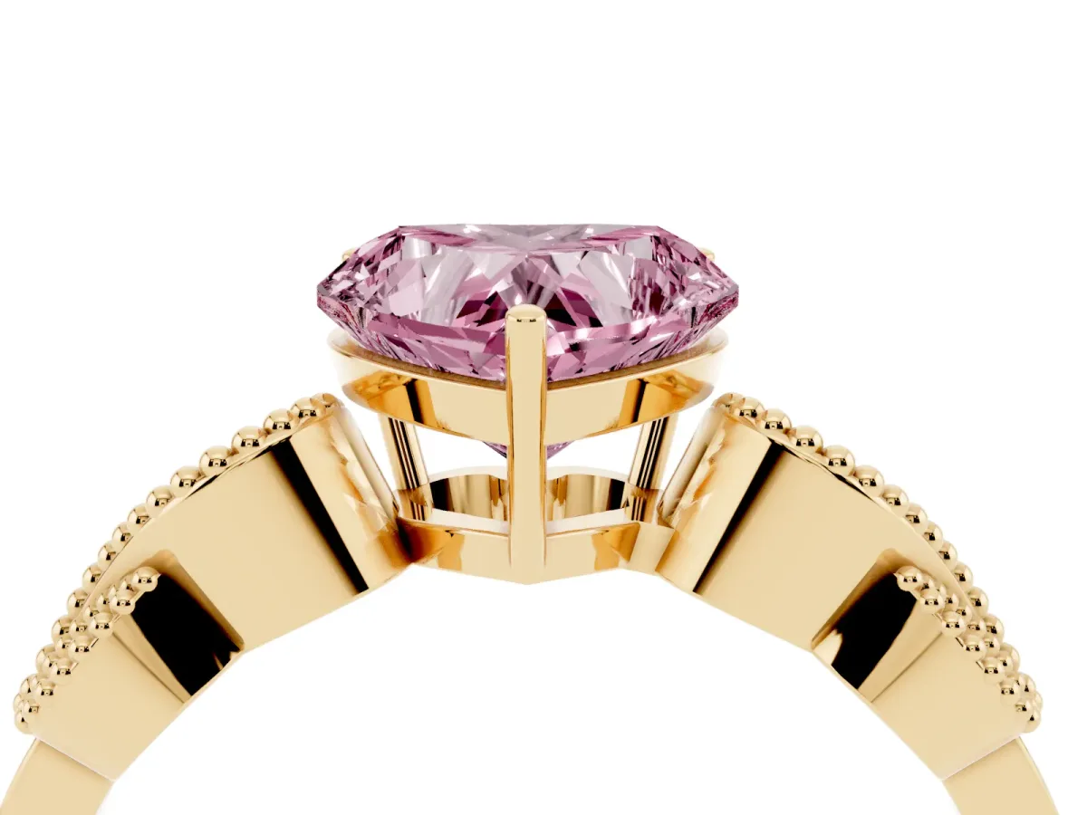 Fancy Pink Heart Cut Solitaire Milgrain Leaf Band with Prong Setting Yellow gold