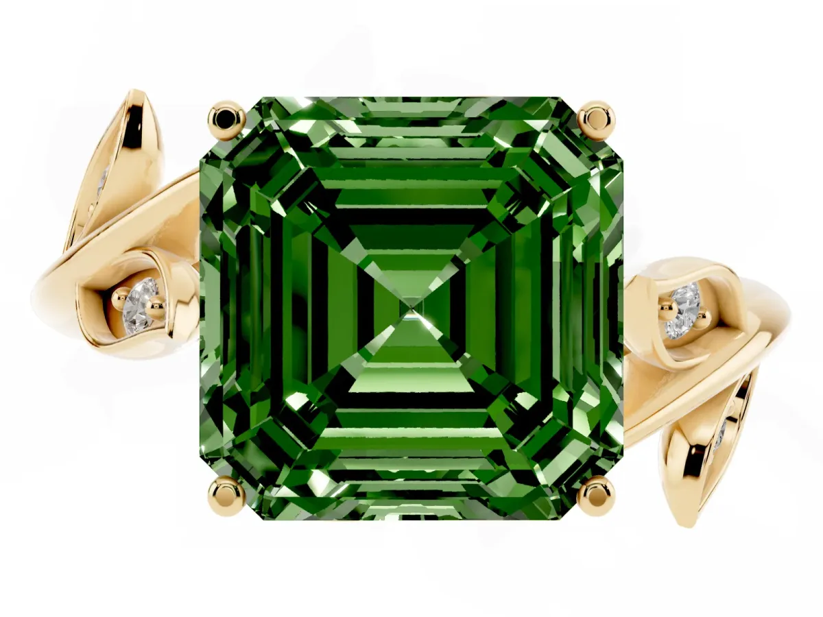 Fancy Green Asscher Cut Solitaire Twist Engagement Ring with Leaf Accents and Prong Setting Yellow gold