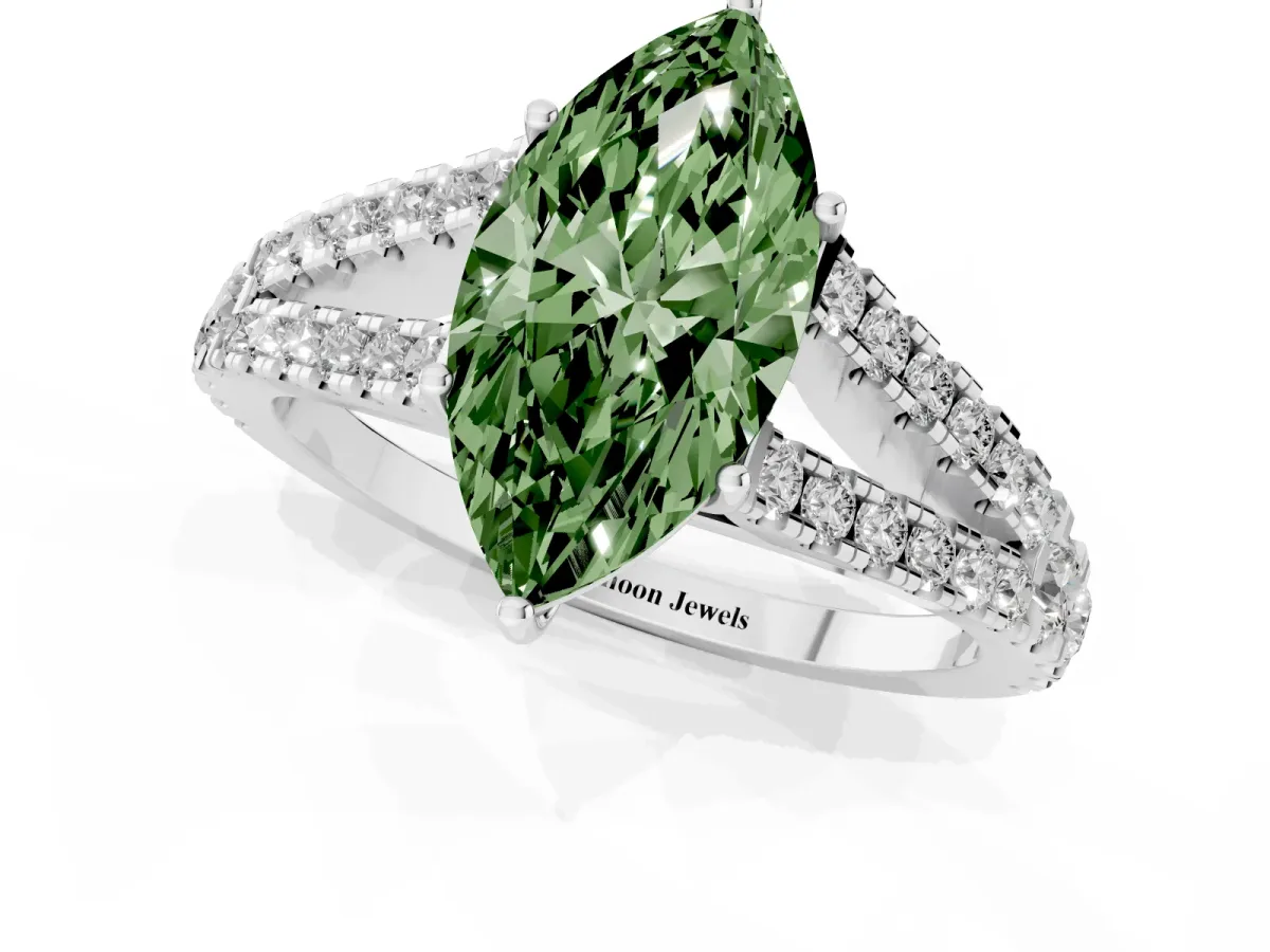 Fancy Green Marquise Cut Diamond Split Shank Pavé Engagement Ring with Four-Prong Setting Platinum