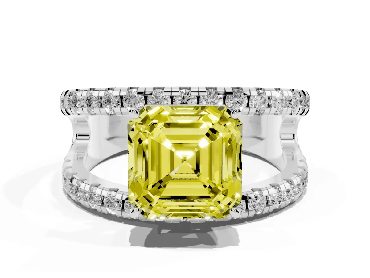 Fancy Yellow Asscher Cut Solitaire Split Shank Pave Diamond Ring Silver