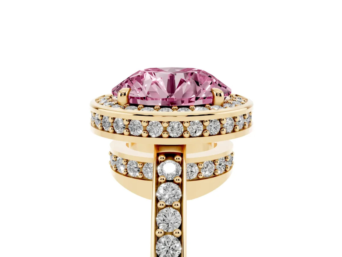 Fancy Pink Round Cut Halo Pave Band Solitaire Ring with Prong Setting Yellow gold