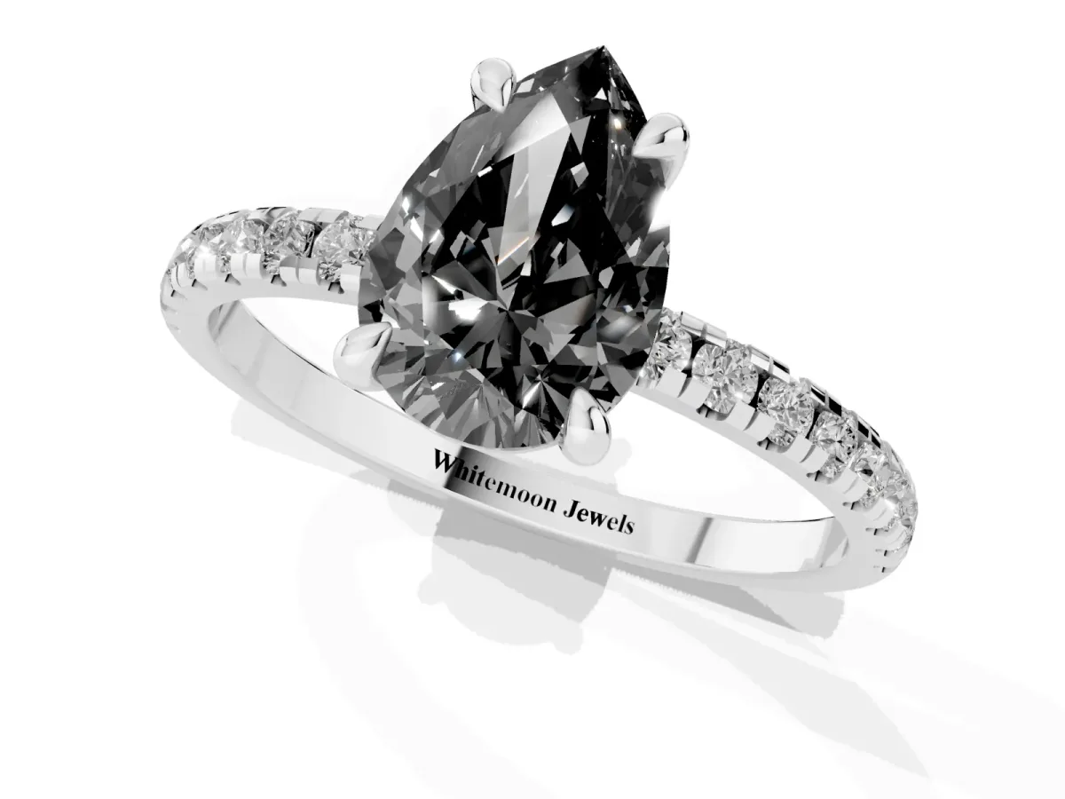 Fancy Black Pear Cut Diamond Brilliant Solitaire Ring with Pavé Band and Four-Prong Setting Silver
