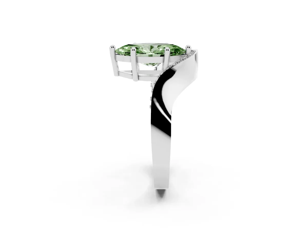 Fancy Green Marquise Cut Solitaire Diamond Engagement Ring with Pave Band and Four-Prong Setting White gold