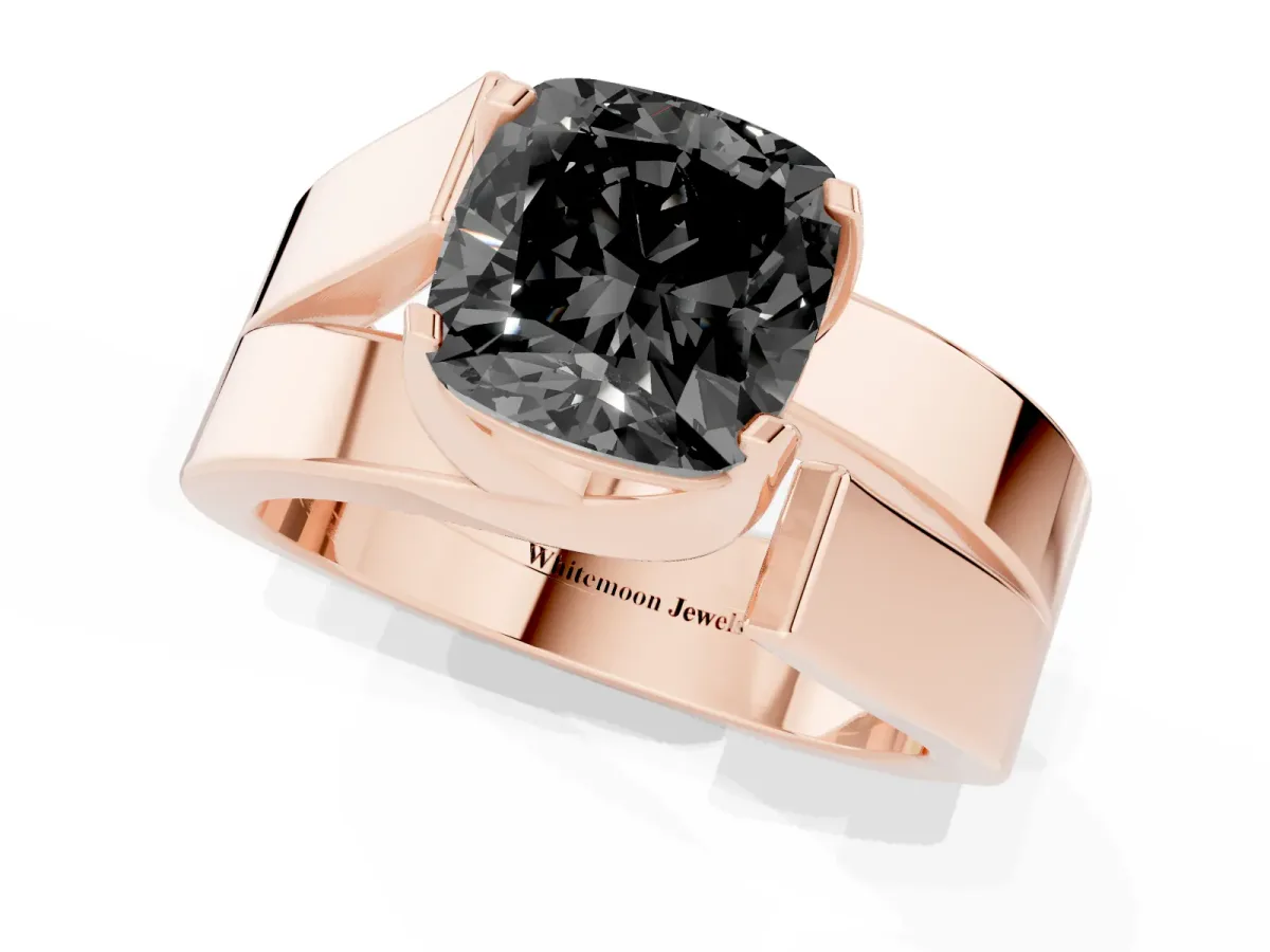 Fancy Black Modern Tension Set Cushion Cut Diamond Solitaire Wide Band Ring Rose gold