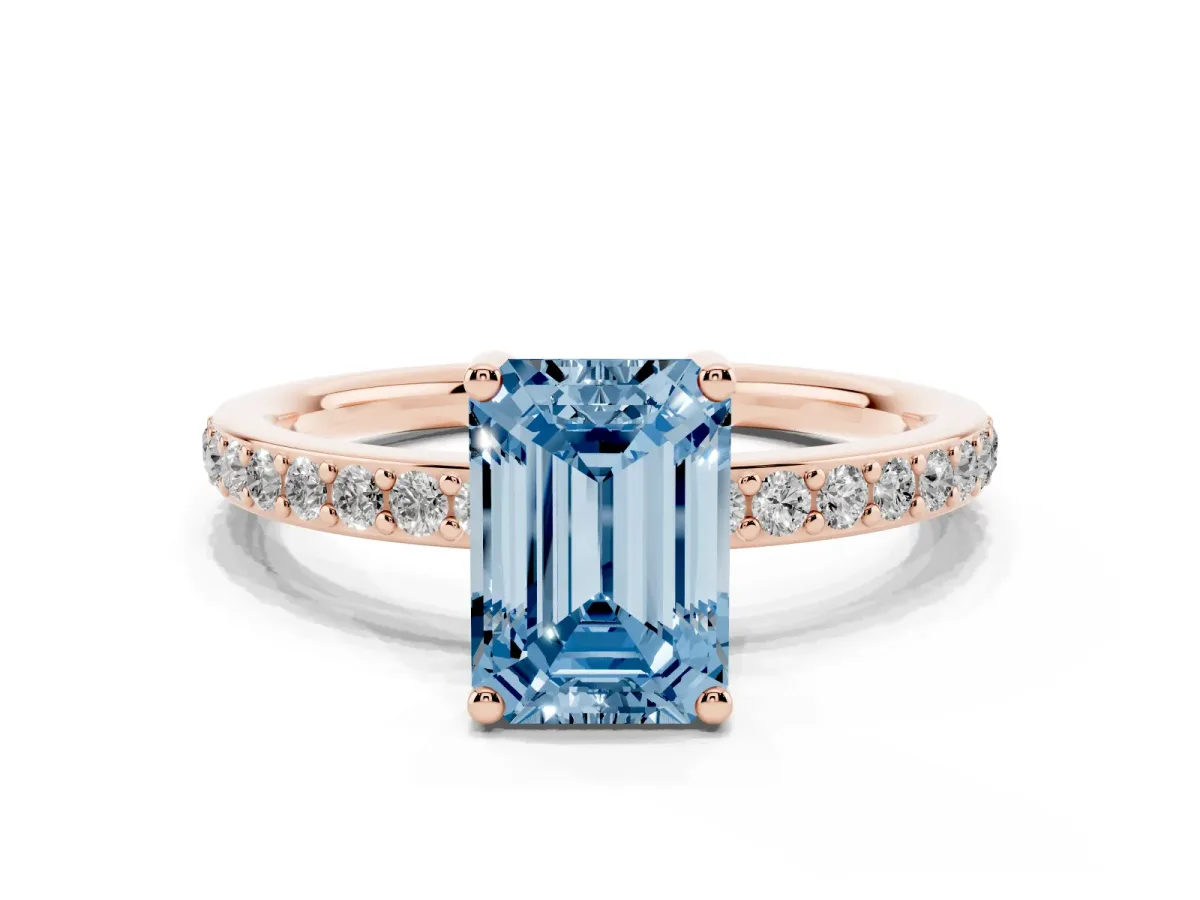 Fancy Blue Emerald Cut Cut Diamond Pavé Band Ring with Four-Prong Setting Rose gold