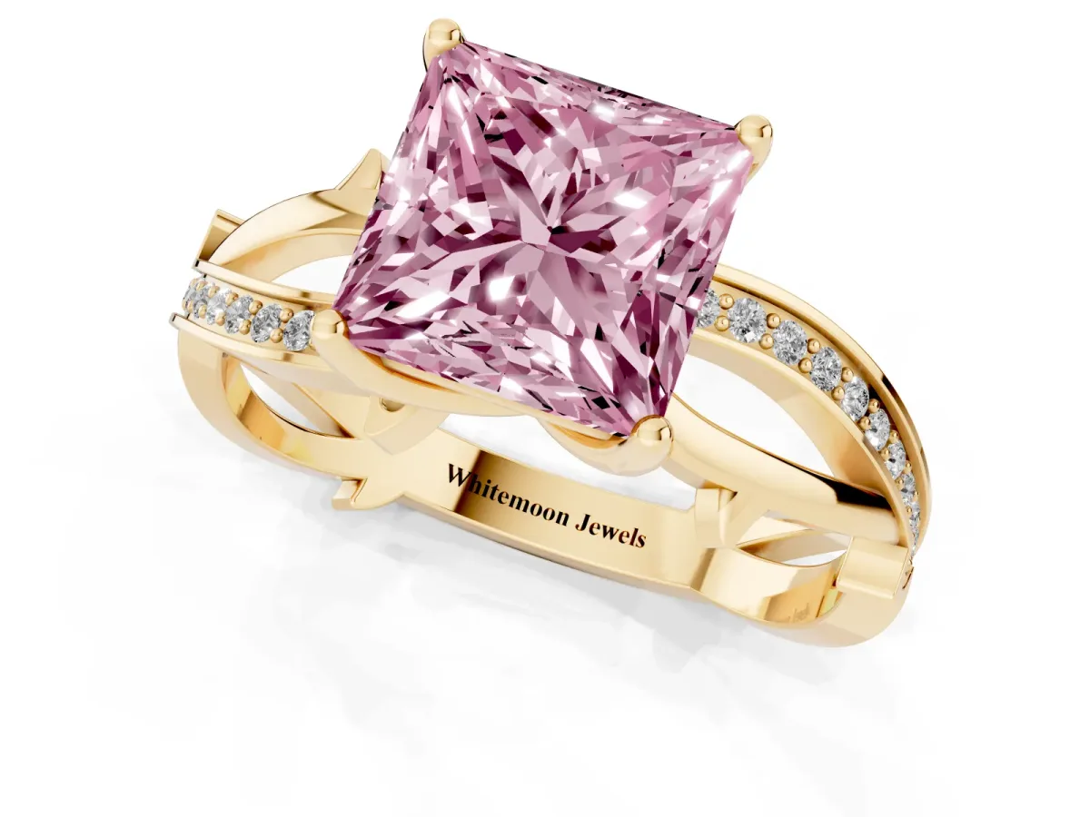 Fancy Pink Princess Cut Solitaire Twist Band with Pavé Accents and Four-Prong Setting Yellow gold