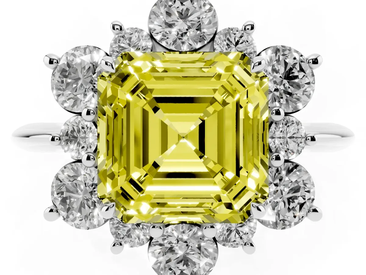 Fancy Yellow Asscher Cut Diamond Cluster Halo Ring with Solitaire Band and Four-Prong Setting White gold