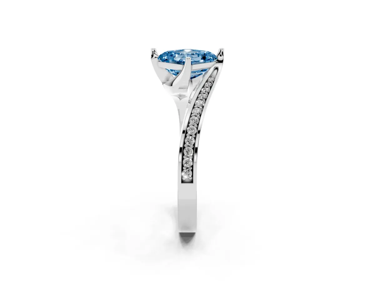 Fancy Blue Asscher Cut Solitaire Diamond Twist Band with Pavé Setting and Four-Prong Setting Platinum