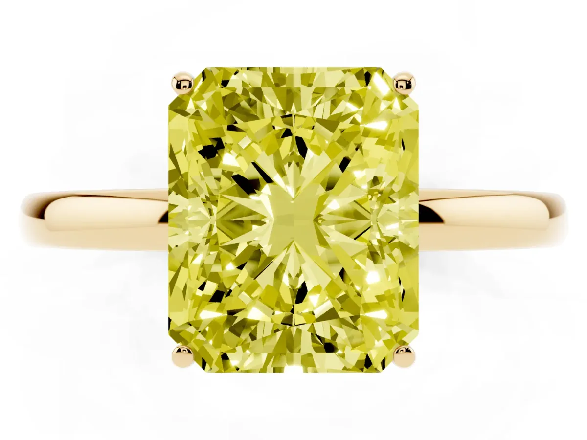 Fancy Yellow Radiant Cut Solitaire Diamond Ring with Prong Setting and Plain Band Yellow gold