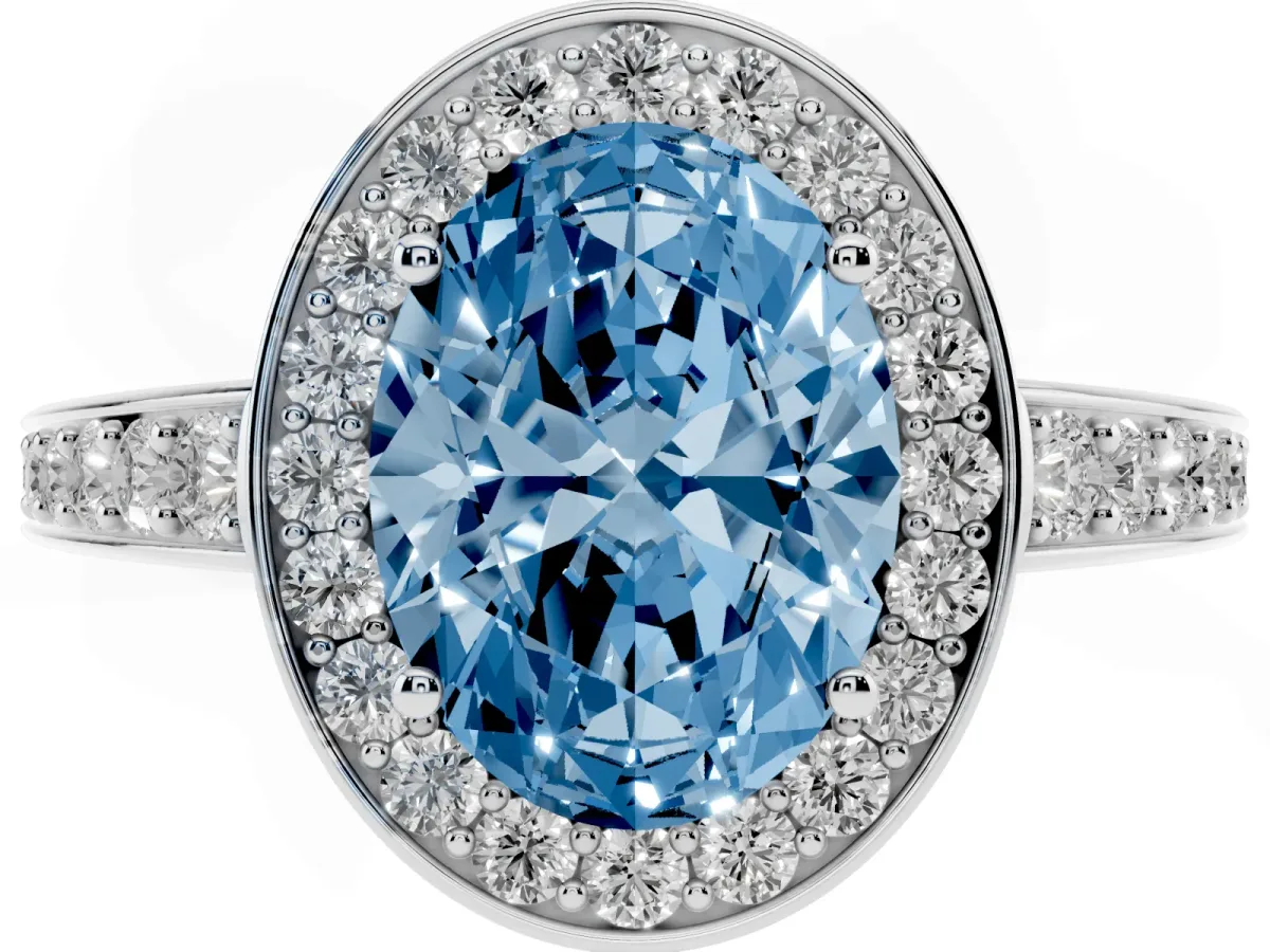 Fancy Blue Oval Cut Halo Pavé Diamond Engagement Ring with Bezel Setting Silver