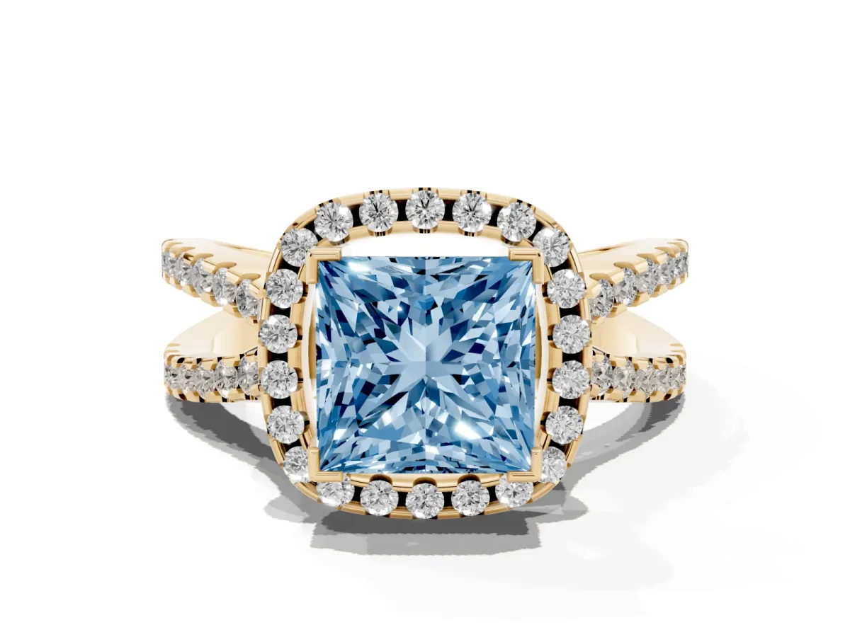 Fancy Blue Princess Cut Diamond Halo Ring with Split Shank Pavé Band and Prong Setting Yellow gold