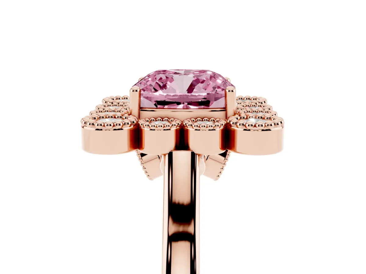 Fancy Pink Cushion Cut Halo Diamond Cluster Engagement Ring with Milgrain Bezel Setting and Solitaire Band Rose gold