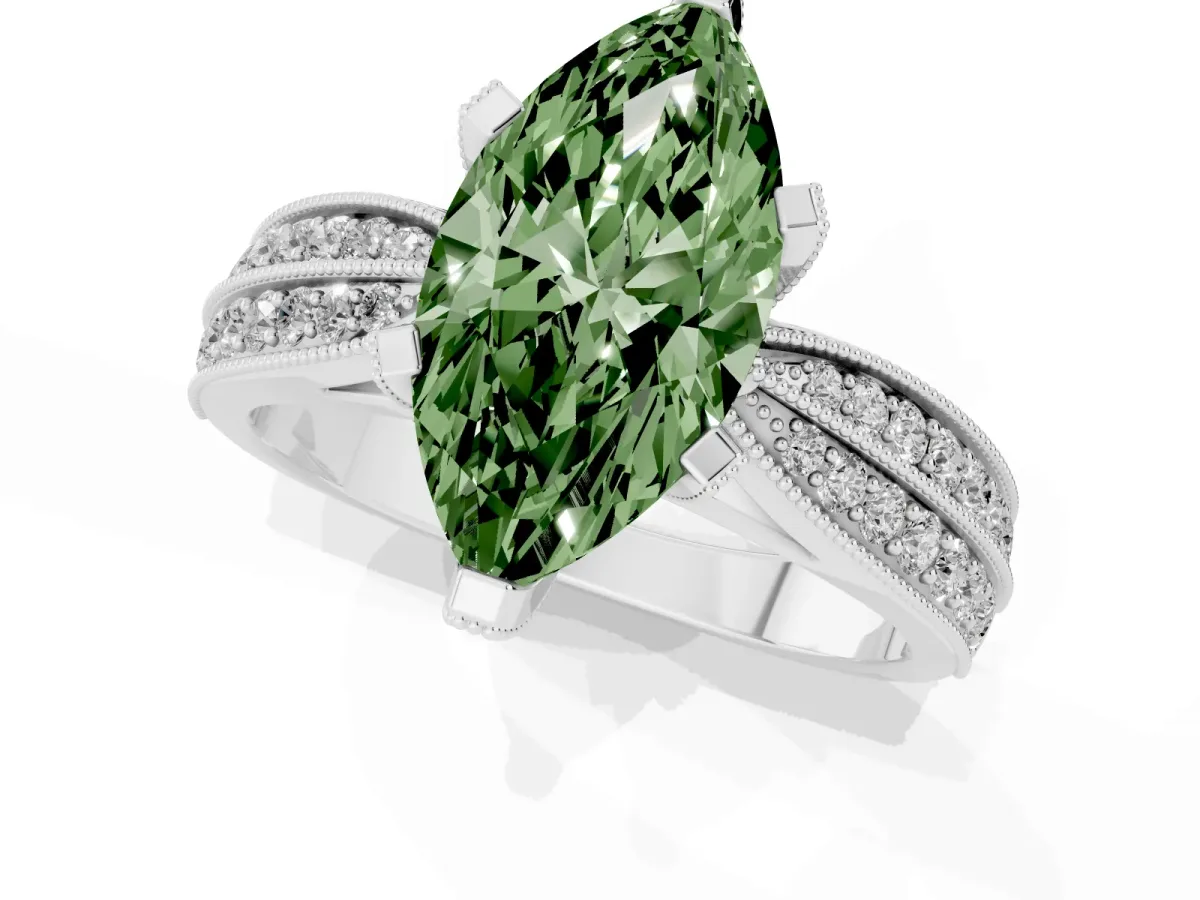 Fancy Green Marquise Cut Diamond Solitaire Ring with Milgrain Round Pavé Band and Prong Setting Platinum
