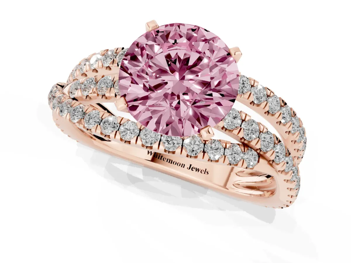 Fancy Pink Round Cut Solitaire Twist Band with Pavé Setting and Four-Prong Setting Rose gold