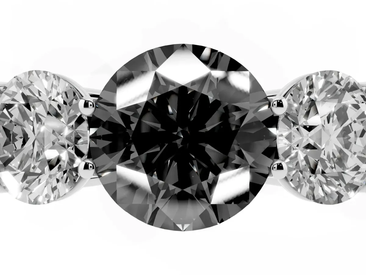 Fancy Black Round Cut Three-Stone Diamond Ring with Prong Setting on a Classic Band Platinum