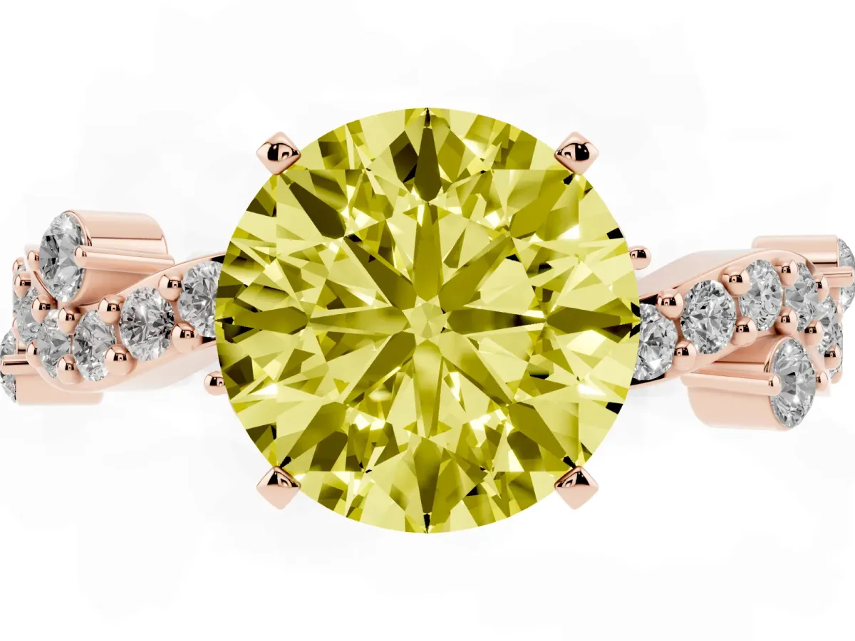 Fancy Yellow Round Cut Cut Solitaire Diamond Twisted Band with Pave Setting Rose gold