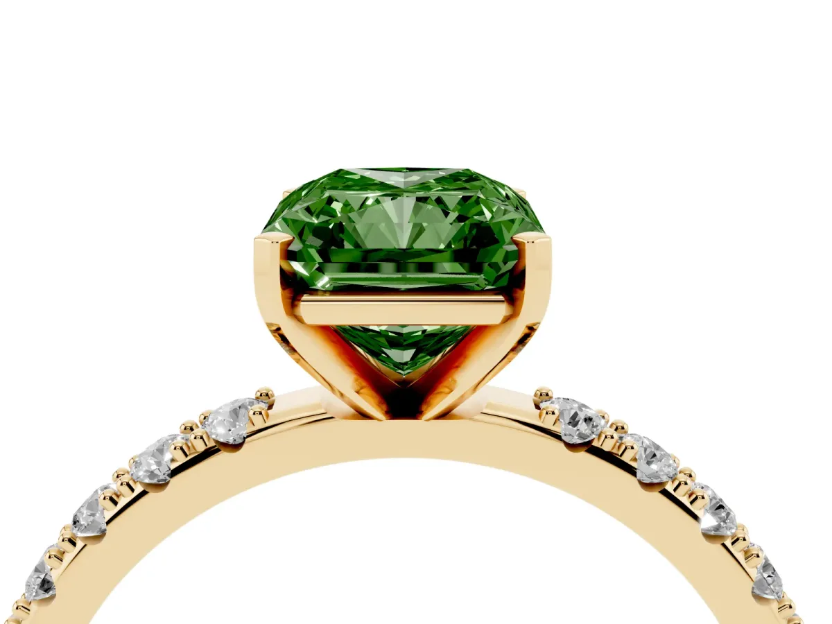 Fancy Green Radiant Cut Diamond Solitaire Pavé Band with Four-Prong Setting Yellow gold