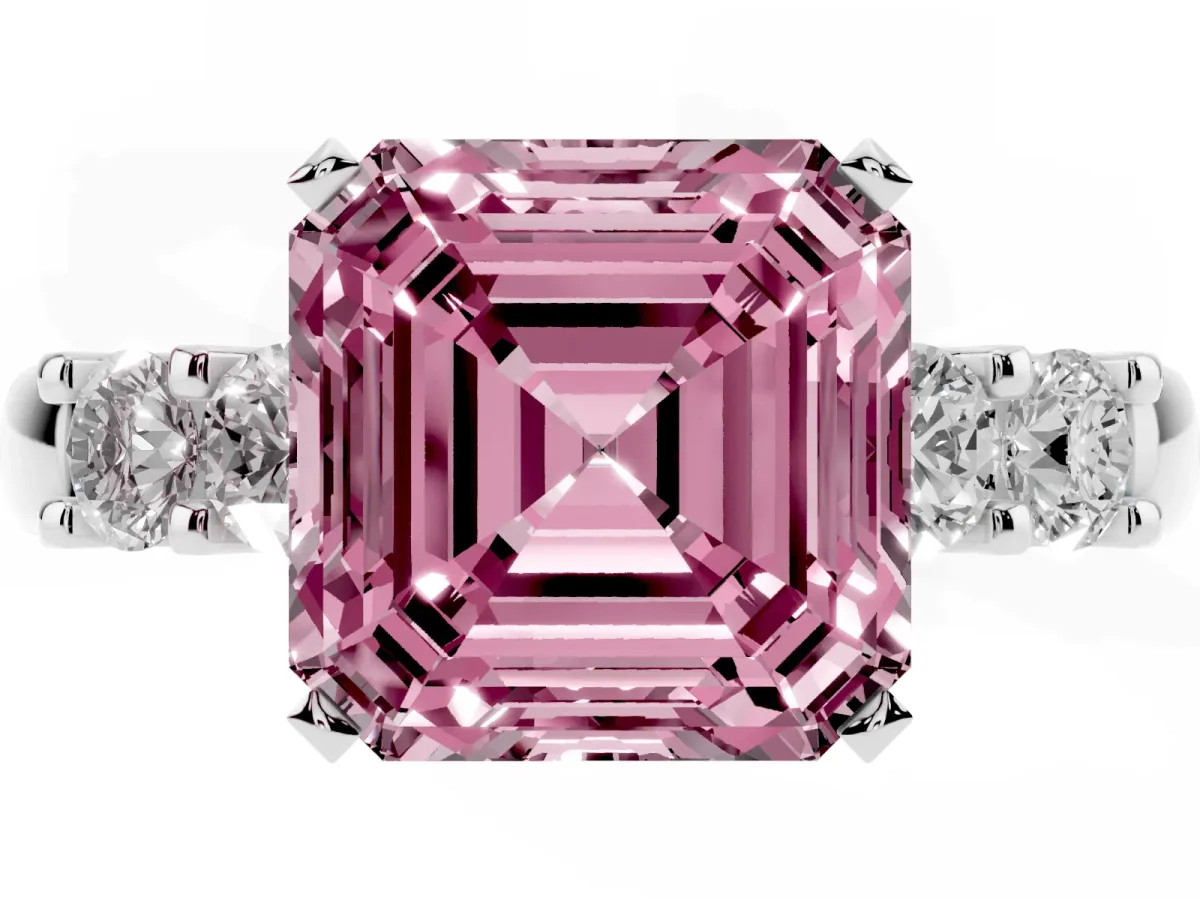 Fancy Pink Asscher Cut Brilliant Cut Diamond Five-Stone Prong Set Engagement Ring with Channel Band Silver