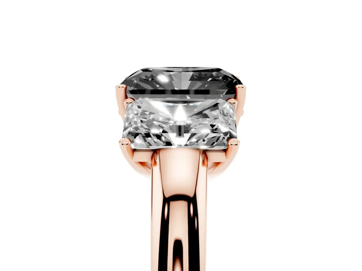 Fancy Black Radiant Cut Diamond Three-Stone Ring with Four-Prong Setting and Classic Band Rose gold