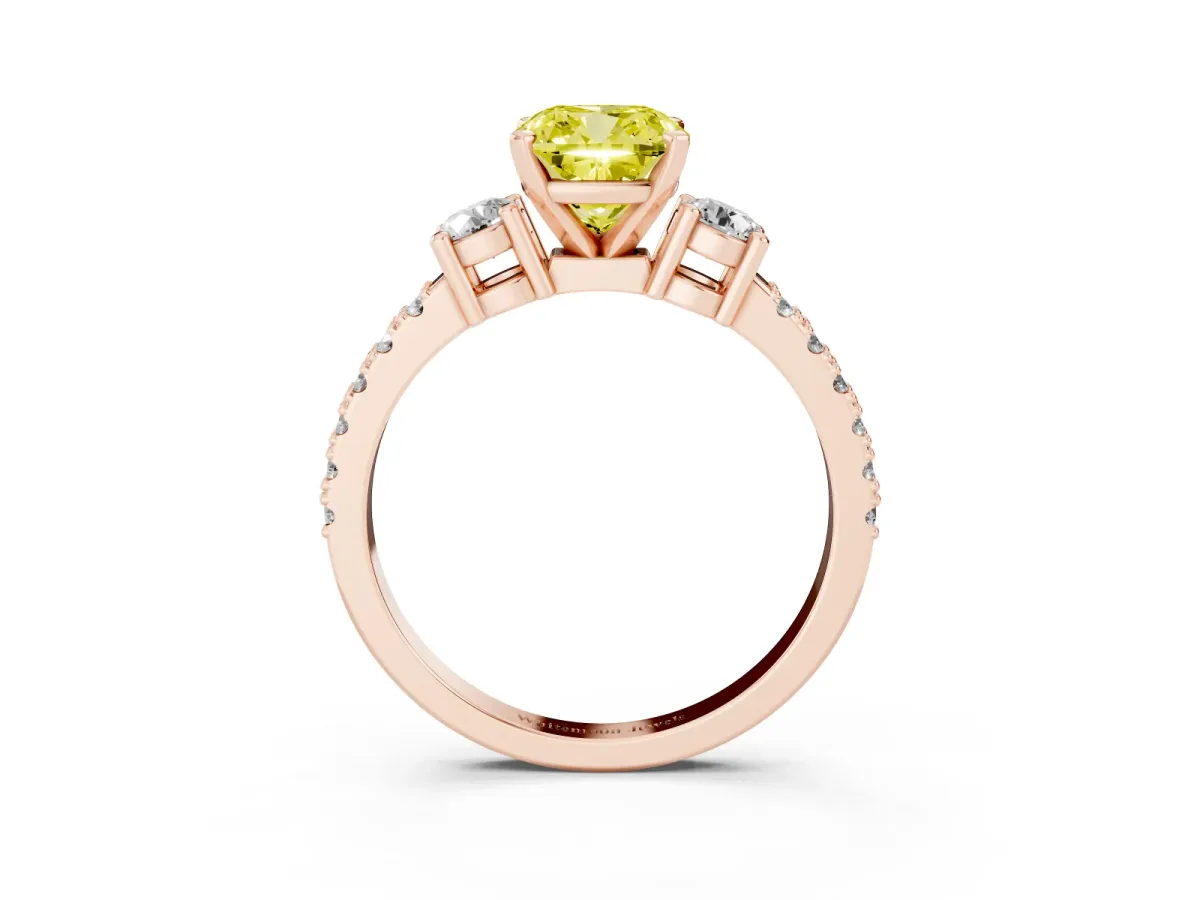 Fancy Yellow Cushion Cut Three-Stone Diamond Pavé Band with Prong Setting Rose gold