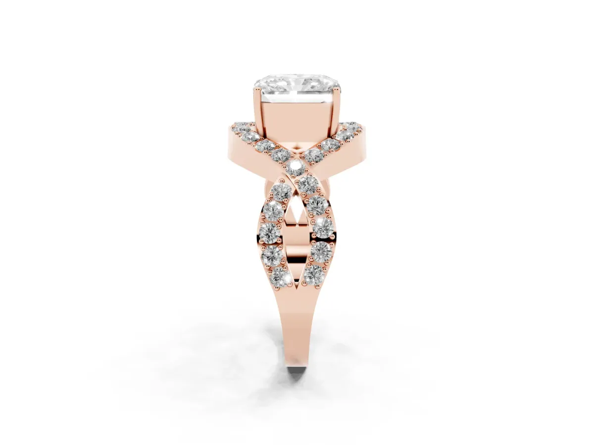 Radiant Cut Solitaire Twist Band Pavé Diamond Engagement Ring Rose gold