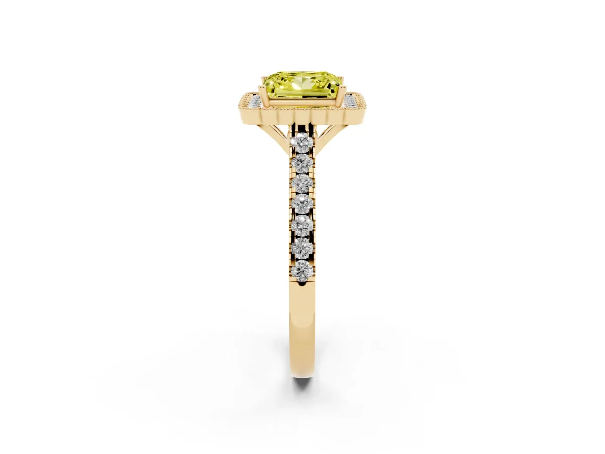 Fancy Yellow Princess Cut Cut Diamond Milgrain Floral Halo Engagement Ring with Pavé Band Yellow gold