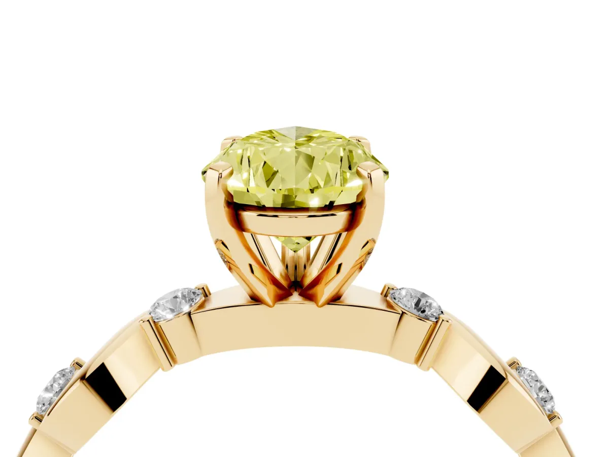 Fancy Yellow Pear Cut Diamond Solitaire Twisted Band with Round Accents and Prong Setting Yellow gold