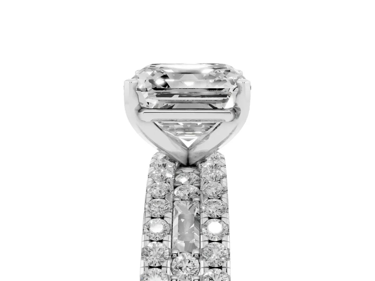 Asscher Cut Diamond Solitaire Ring with Pavé and Channel Set Band Silver