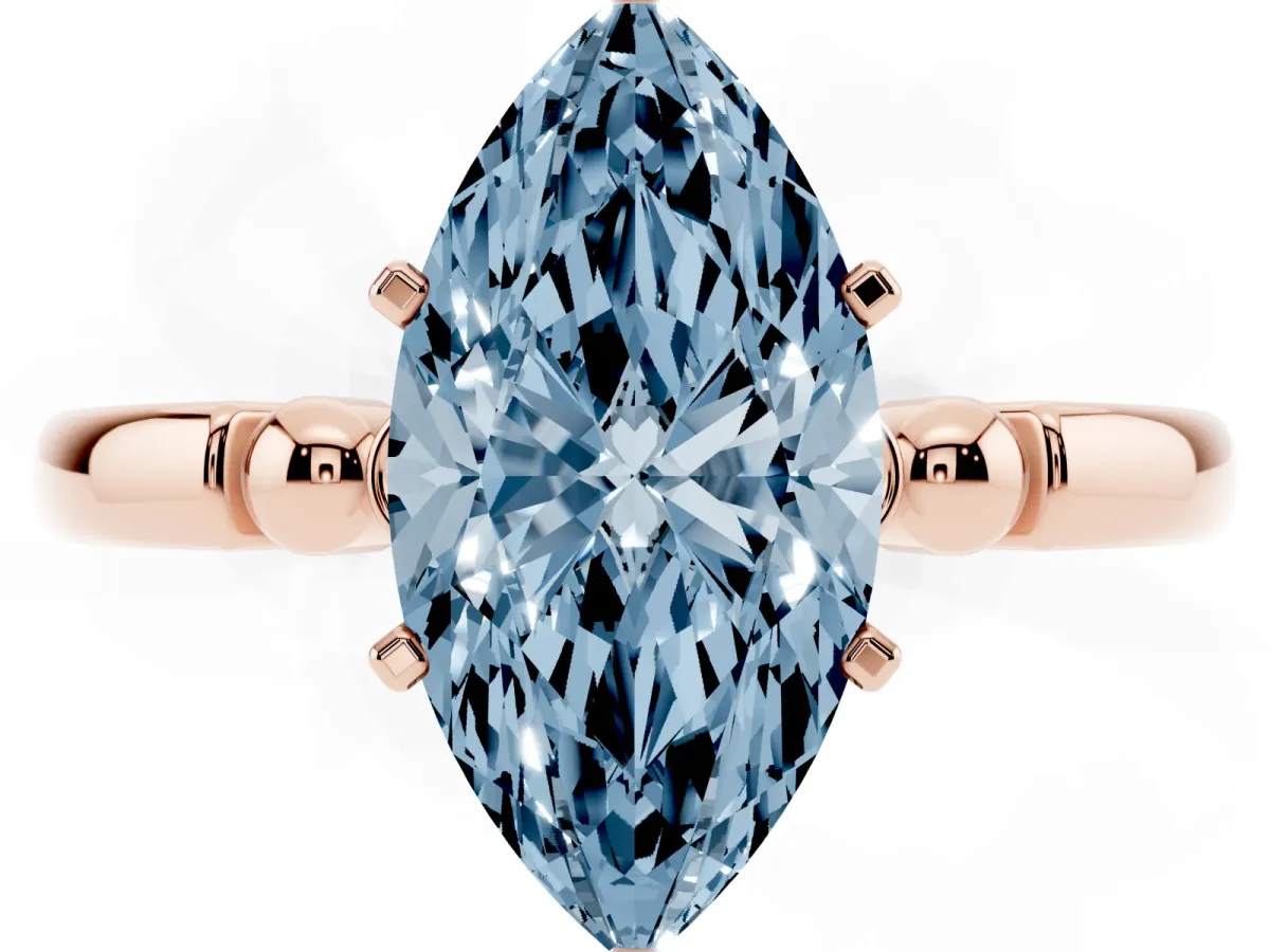 Fancy Blue Marquise Cut Solitaire Beaded Band with Four-Prong Setting Rose gold