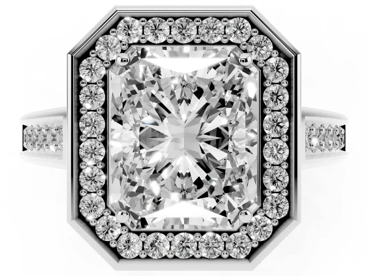 Radiant Cut Halo Solitaire Diamond Ring with Pave Band and Bezel Setting Silver