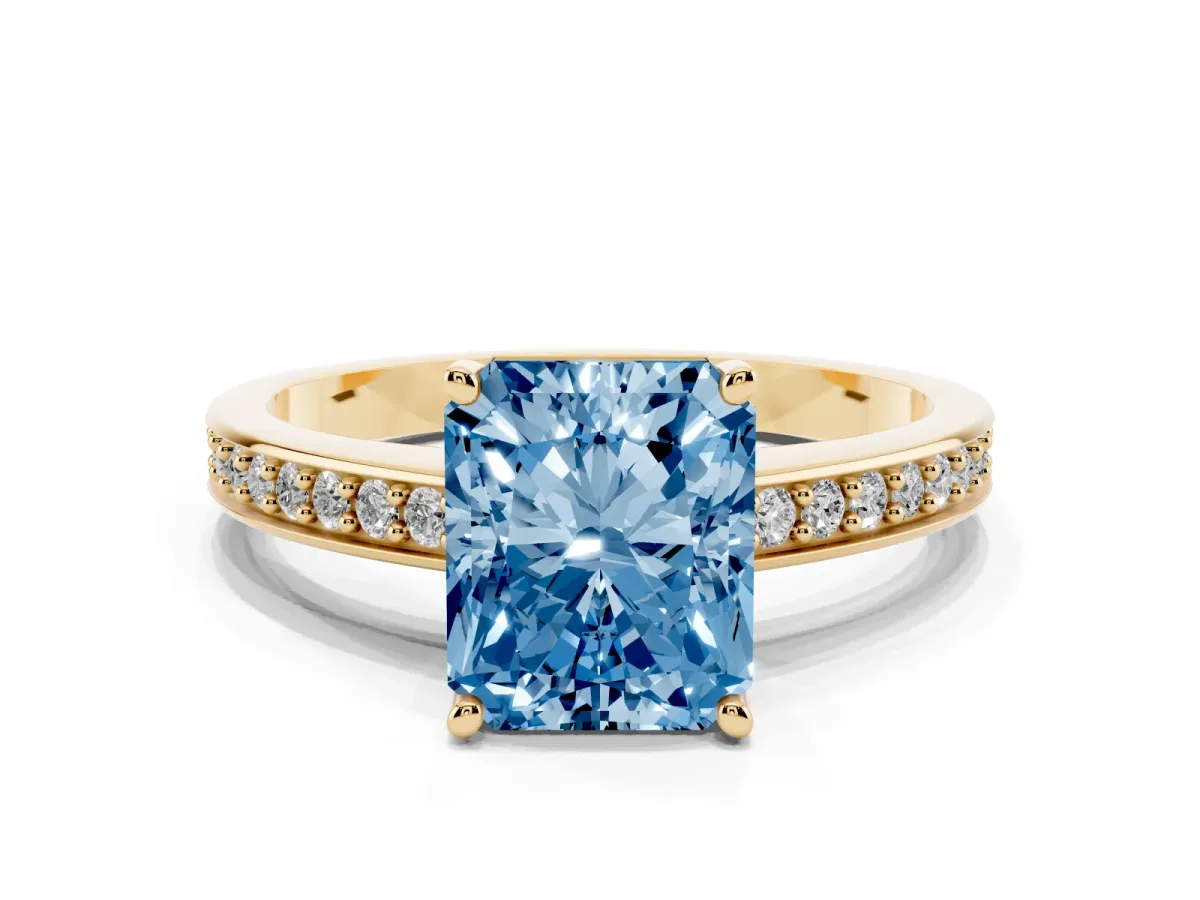 Fancy Blue Radiant Cut Solitaire Pavé Band Prong Setting Ring Yellow gold