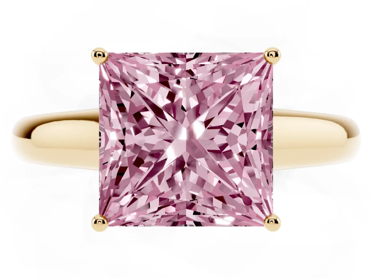 Fancy Pink Princess Cut Solitaire Engagement Ring with Tapered Band and Four-Prong Setting Yellow gold