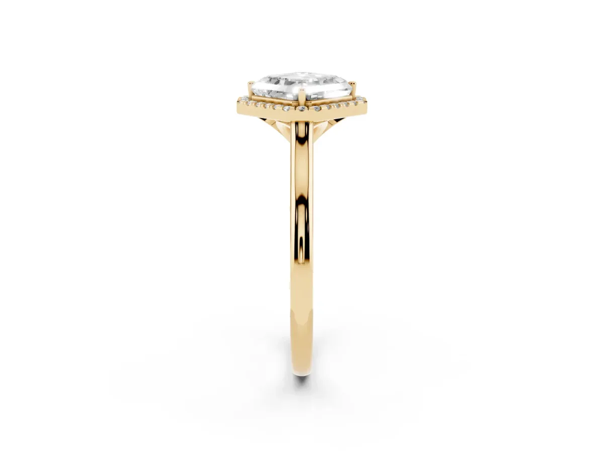 Asscher Cut Halo Round Diamond Solitaire Engagement Ring with Pave Band and Four-Prong Setting Yellow gold