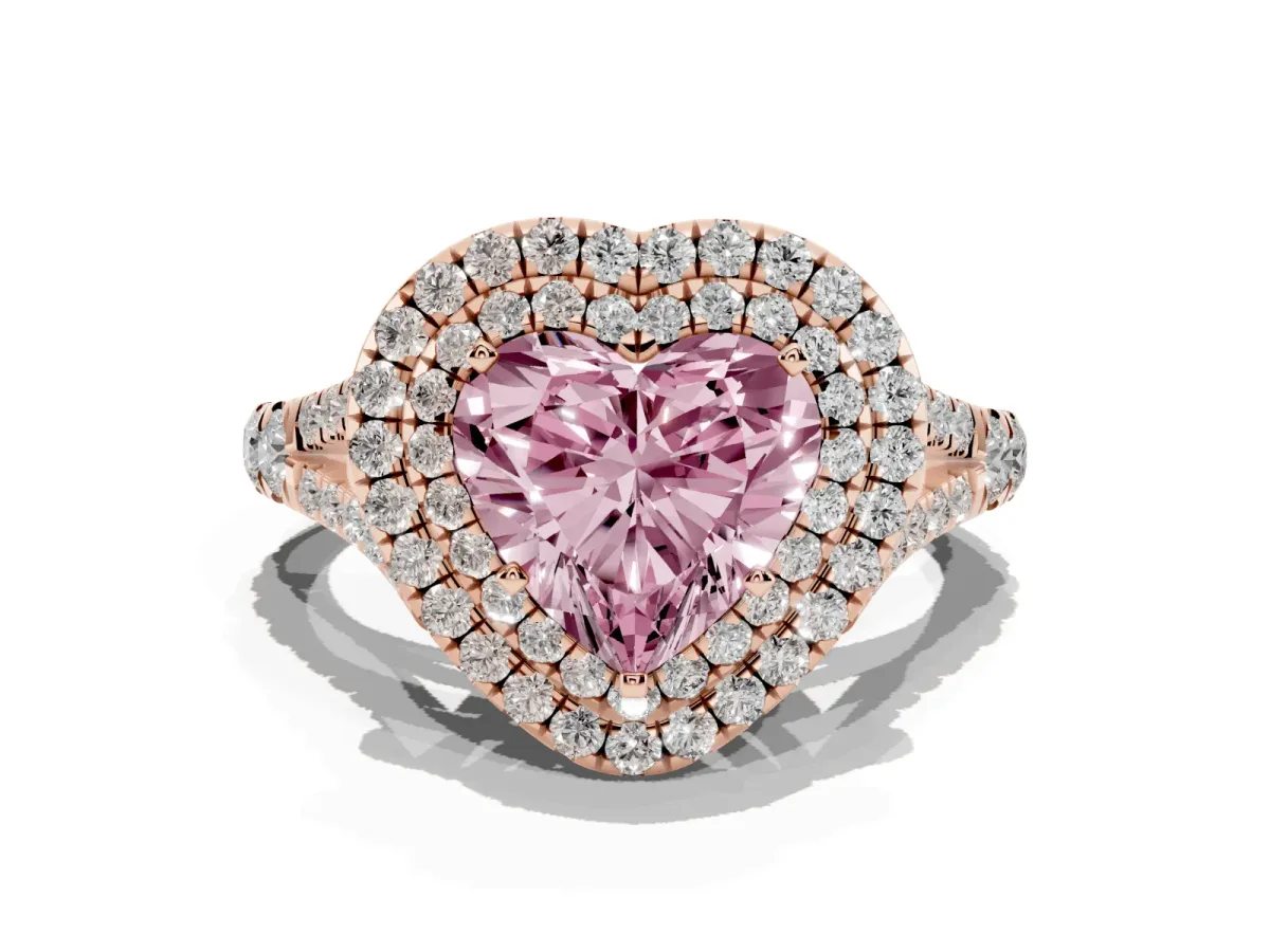 Fancy Pink Double Halo Heart Cut Diamond Split Shank Engagement Ring with Four-Prong Setting Rose gold